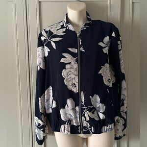 Dynamite Navy Flower Zipper-Up Bomber Shirt Size Medium